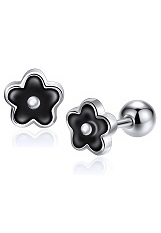small tiny black flower silver baby earrings
